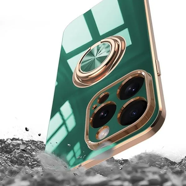 etui do iphone 16 pro max eleganckie, ze złotym, metalowym uchwytem i zdobieniami, osłona na aparat, zielone