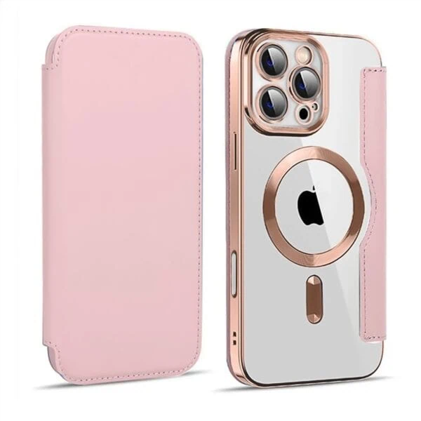 Różowe etui do iPhone'a z klapką.
