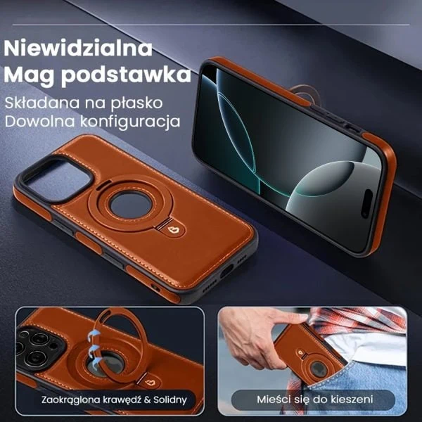 etui do iphone 16 pro slim leather magsafe stand z podstawką i widocznym logo, brązowe