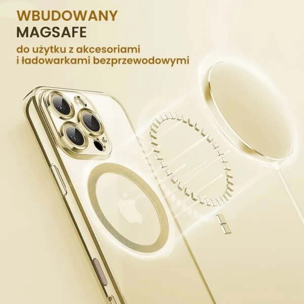 etui do iphone 16 pro slim protect full cover magsafe hard back, twardy tył, przeźroczyste, złote
