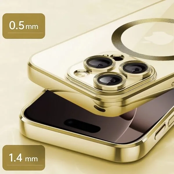 etui do iphone 16 pro slim protect full cover magsafe hard back, twardy tył, przeźroczyste, złote