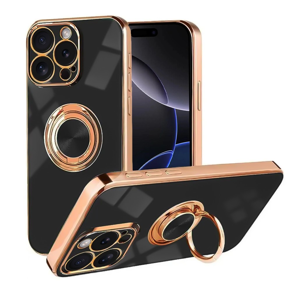 etui do iphone 16 pro eleganckie, ze złotym, metalowym uchwytem i zdobieniami, osłona na aparat, czarne