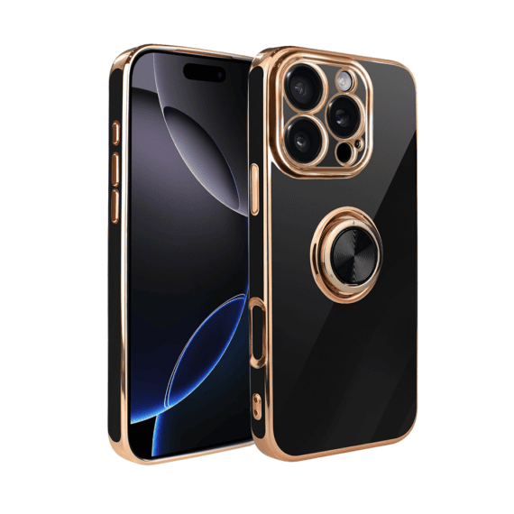 Etui do iPhone 16 Pro eleganckie, ze złotym, metalowym uchwytem i zdobieniami, osłona na aparat, czarne (2)