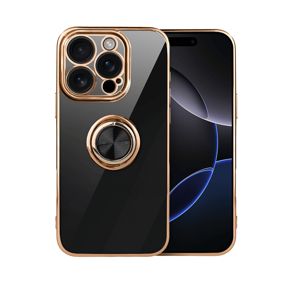 etui do iphone 16 pro eleganckie, ze złotym, metalowym uchwytem i zdobieniami, osłona na aparat, czarne