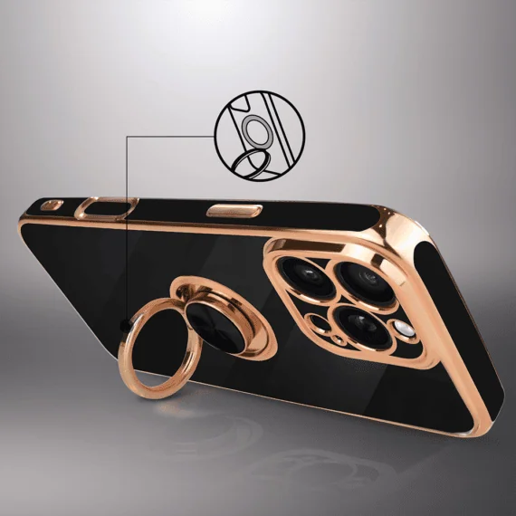 Etui do iPhone 16 Pro eleganckie, ze złotym, metalowym uchwytem i zdobieniami, osłona na aparat, czarne (5)