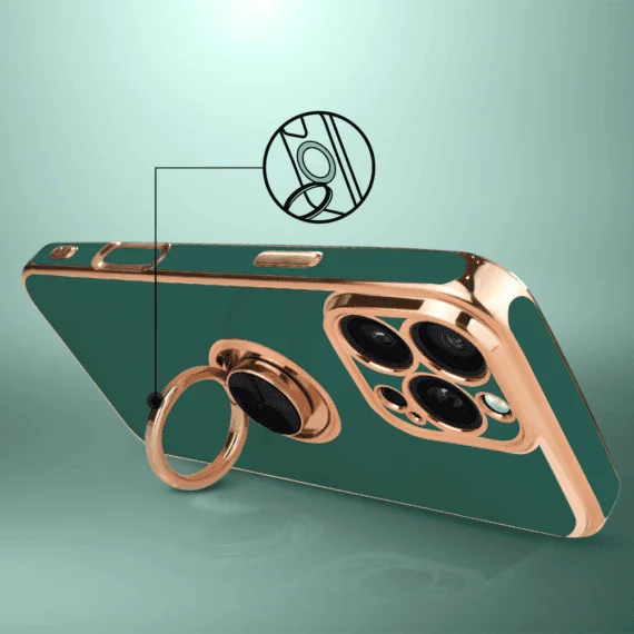 Etui do iPhone 16 Pro eleganckie, ze złotym, metalowym uchwytem i zdobieniami, osłona na aparat, zielone, nowe (1)