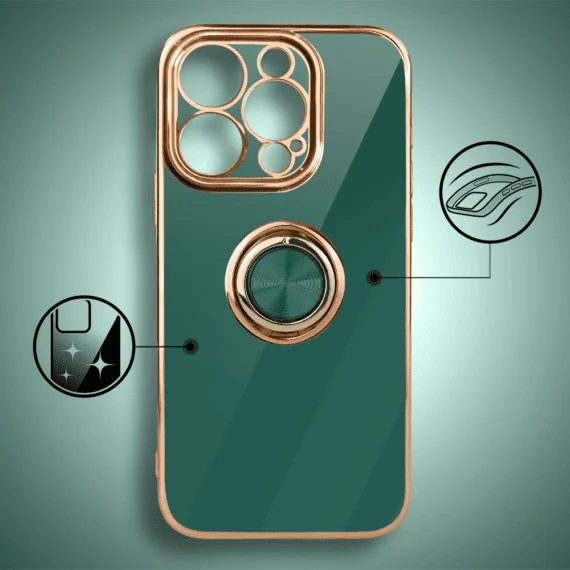 Etui do iPhone 16 Pro eleganckie, ze złotym, metalowym uchwytem i zdobieniami, osłona na aparat, zielone, nowe (10)