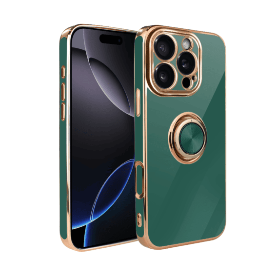 Etui do iPhone 16 Pro eleganckie, ze złotym, metalowym uchwytem i zdobieniami, osłona na aparat, zielone, nowe (8)