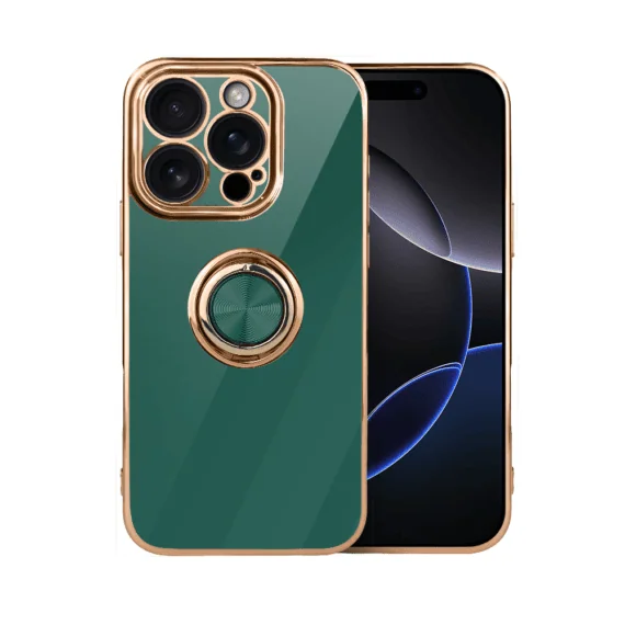 Etui do iPhone 16 Pro eleganckie, ze złotym, metalowym uchwytem i zdobieniami, osłona na aparat, zielone, nowe (9)