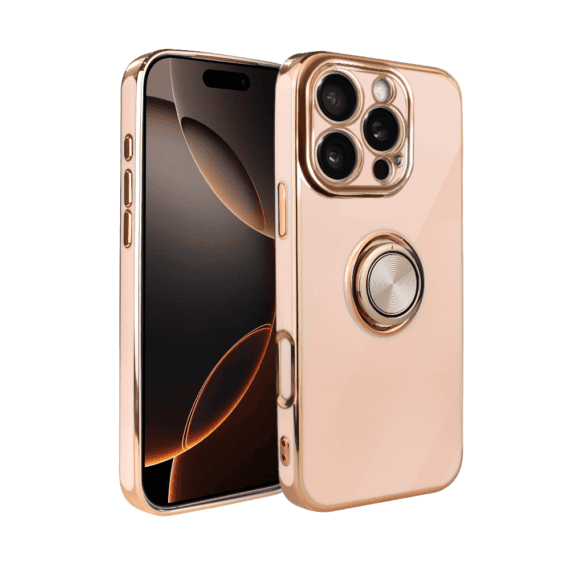Etui do iPhone 16 Pro eleganckie, ze złotym, metalowym uchwytem i zdobieniami, osłona na aparat, złoty róż1