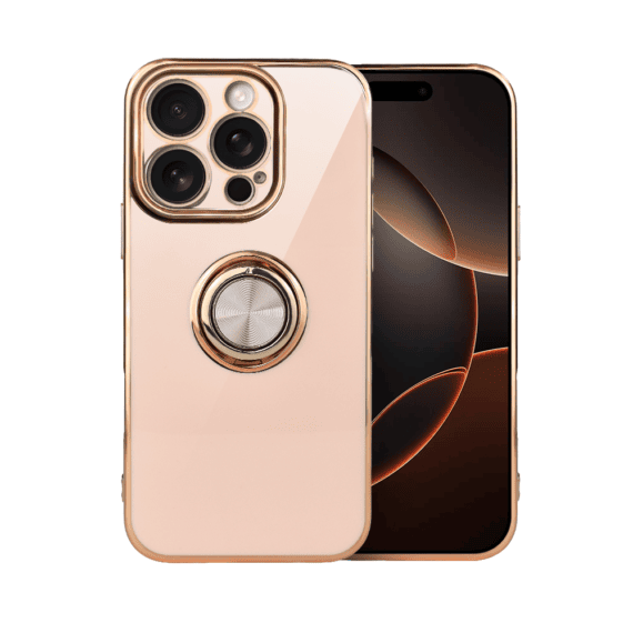 Etui do iPhone 16 Pro eleganckie, ze złotym, metalowym uchwytem i zdobieniami, osłona na aparat, złoty róż2