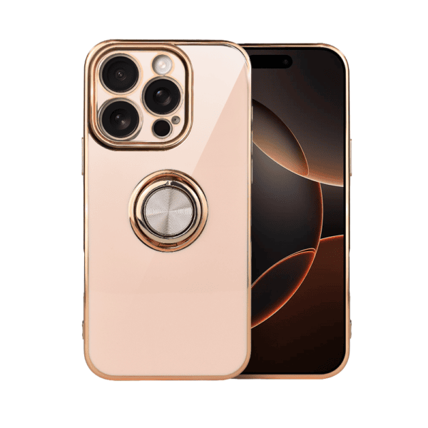 Etui do iPhone 16 Pro eleganckie, ze złotym, metalowym uchwytem i zdobieniami, osłona na aparat, złoty róż
