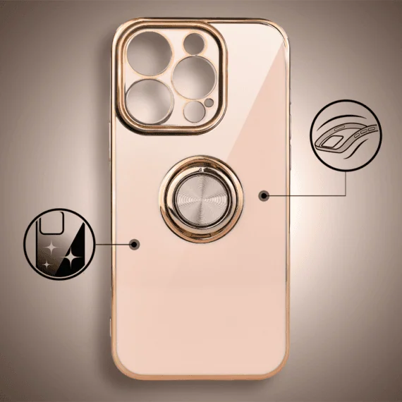 Etui do iPhone 16 Pro eleganckie, ze złotym, metalowym uchwytem i zdobieniami, osłona na aparat, złoty róż3