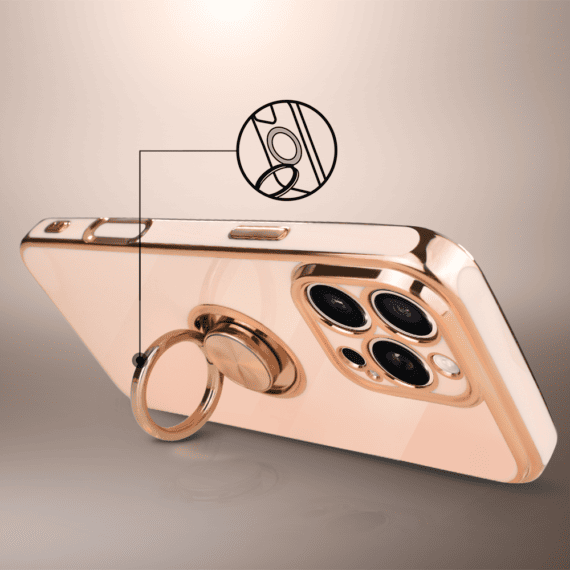 Etui do iPhone 16 Pro eleganckie, ze złotym, metalowym uchwytem i zdobieniami, osłona na aparat, złoty róż4
