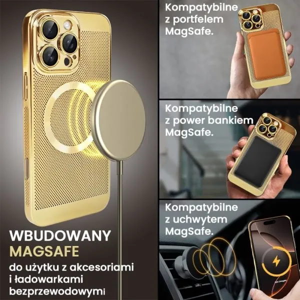 etui do iphone 16 pro z magsafe, cienkie, twarde, oddychające, z osłoną aparatu, złote