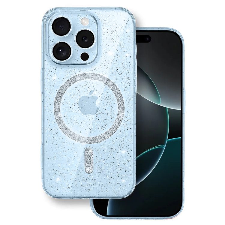 etui do iphone 16 pro z magsafe, przeźroczyste, błyszczący brokat, niebieskie