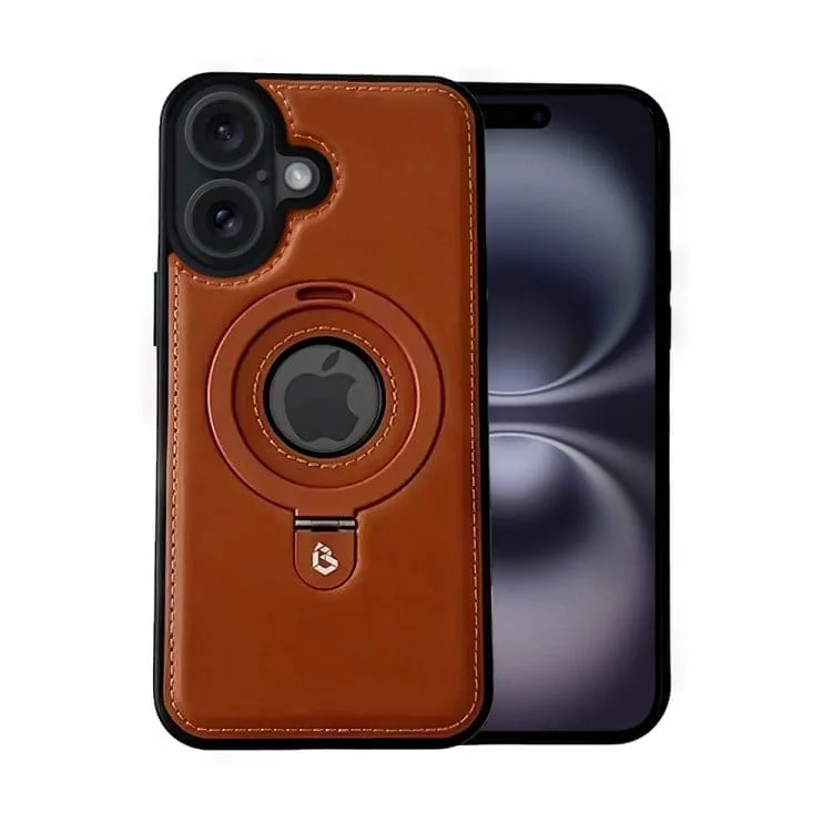 etui do iphone 16 slim leather magsafe stand z podstawką i widocznym logo, brązowe