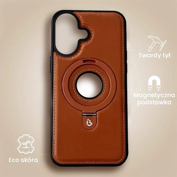 etui do iphone 16 slim leather magsafe stand z podstawką i widocznym logo, brązowe