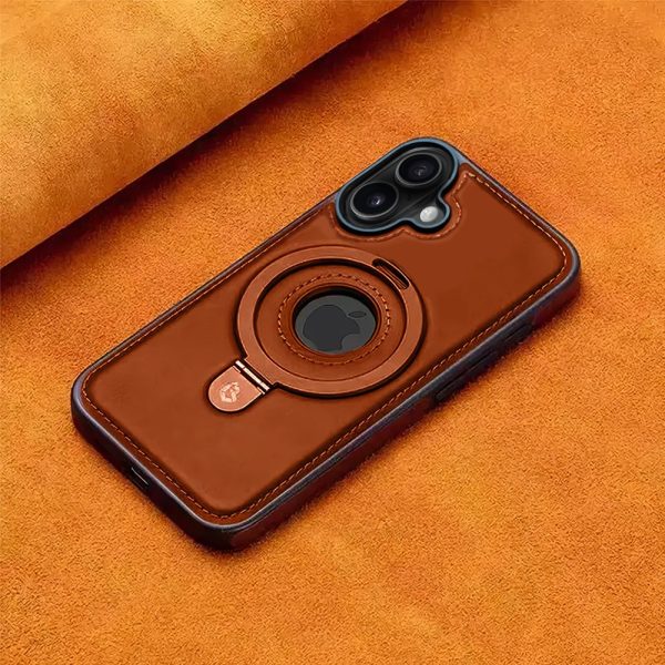 etui do iphone 16 slim leather magsafe stand z podstawką i widocznym logo, brązowe
