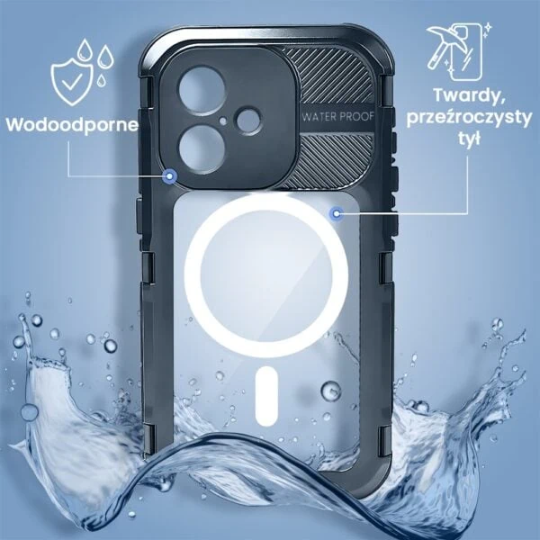 Etui do iPhone 16 TOTAL Protect z Magsafe, wodoodporne, metalowe, przeźroczyste, czarne new (4)