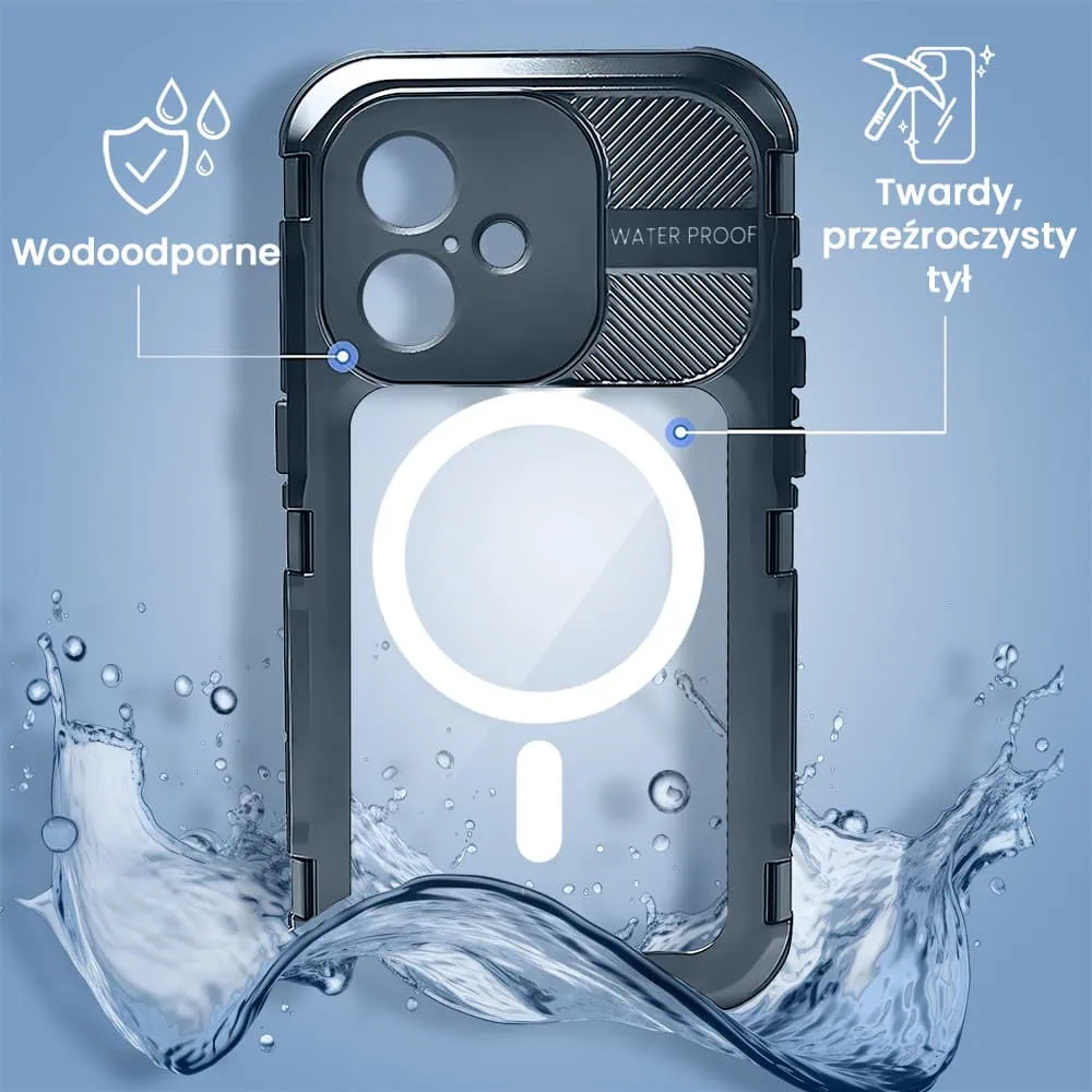 Etui do iPhone 16 TOTAL Protect z Magsafe, wodoodporne, metalowe, przeźroczyste, czarne new (4)