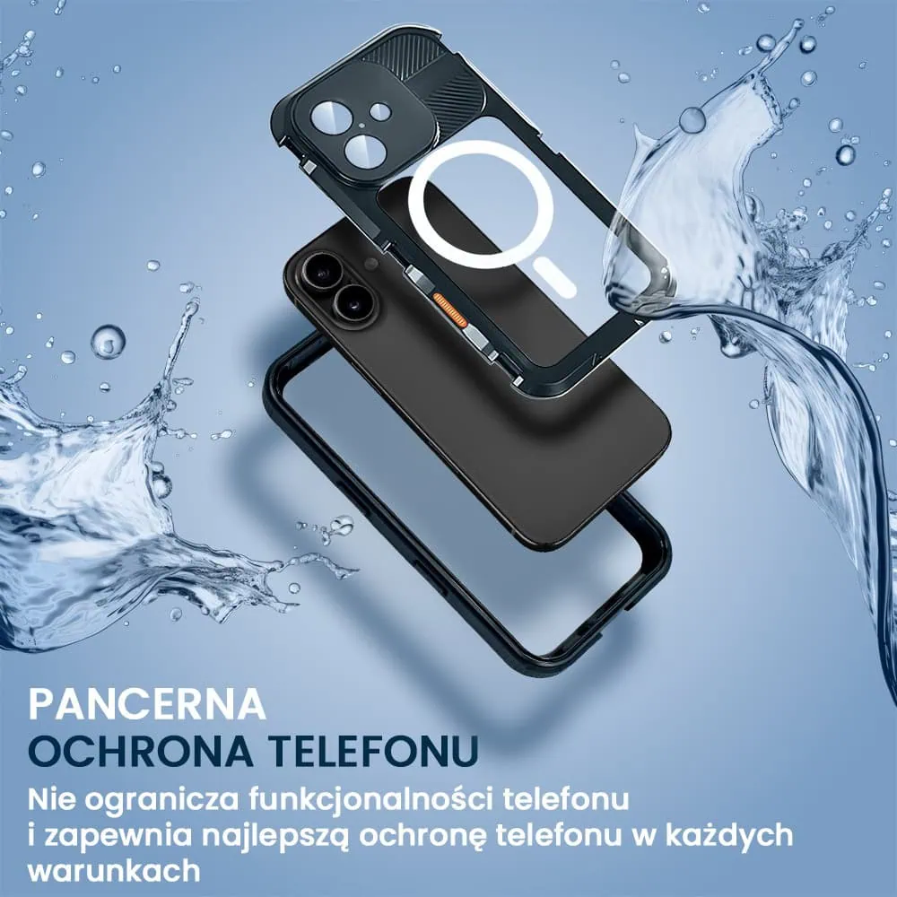 Etui do iPhone 16 TOTAL Protect z Magsafe, wodoodporne, metalowe, przeźroczyste, czarne new (6)
