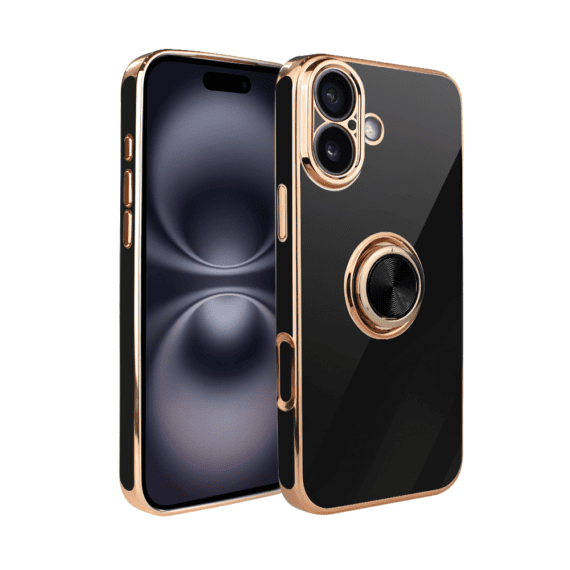 Etui do iPhone 16 eleganckie, ze złotym, metalowym uchwytem i zdobieniami, osłona na aparat, czarne, nowe (1)