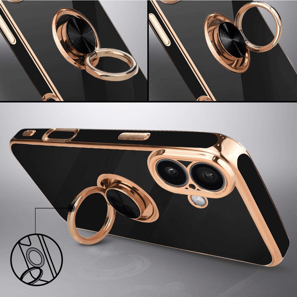 Etui do iPhone 16 eleganckie, ze złotym, metalowym uchwytem i zdobieniami, osłona na aparat, czarne, nowe (10)