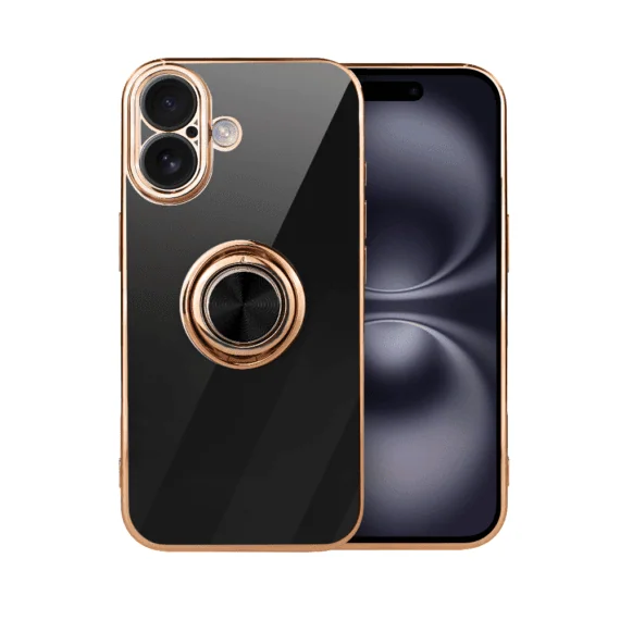 Etui do iPhone 16 eleganckie, ze złotym, metalowym uchwytem i zdobieniami, osłona na aparat, czarne, nowe (2)