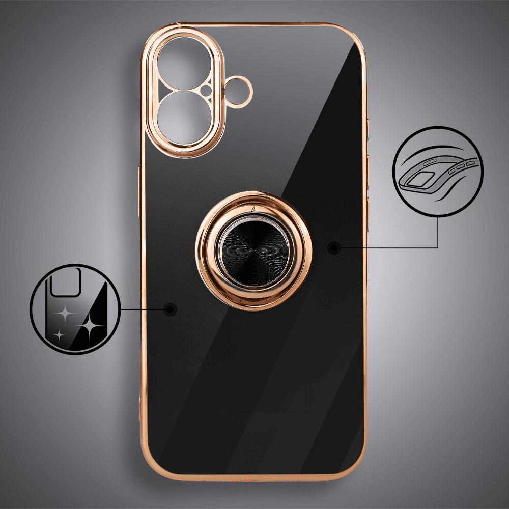 Etui do iPhone 16 eleganckie, ze złotym, metalowym uchwytem i zdobieniami, osłona na aparat, czarne, nowe (3)