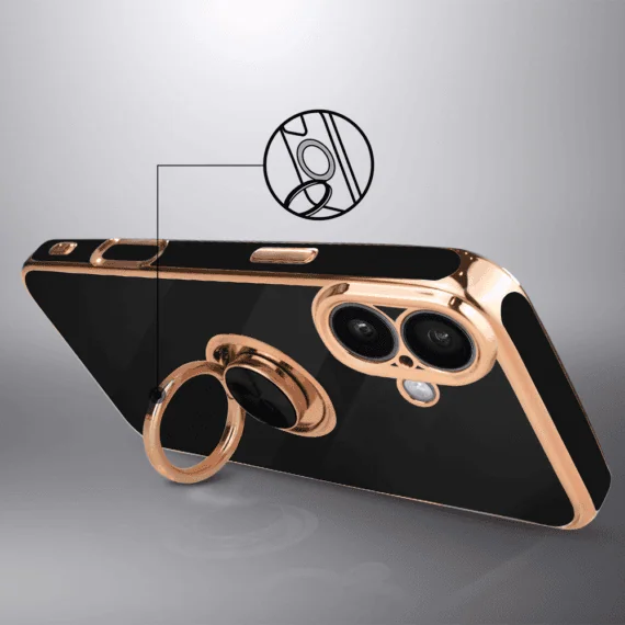 Etui do iPhone 16 eleganckie, ze złotym, metalowym uchwytem i zdobieniami, osłona na aparat, czarne, nowe (4)