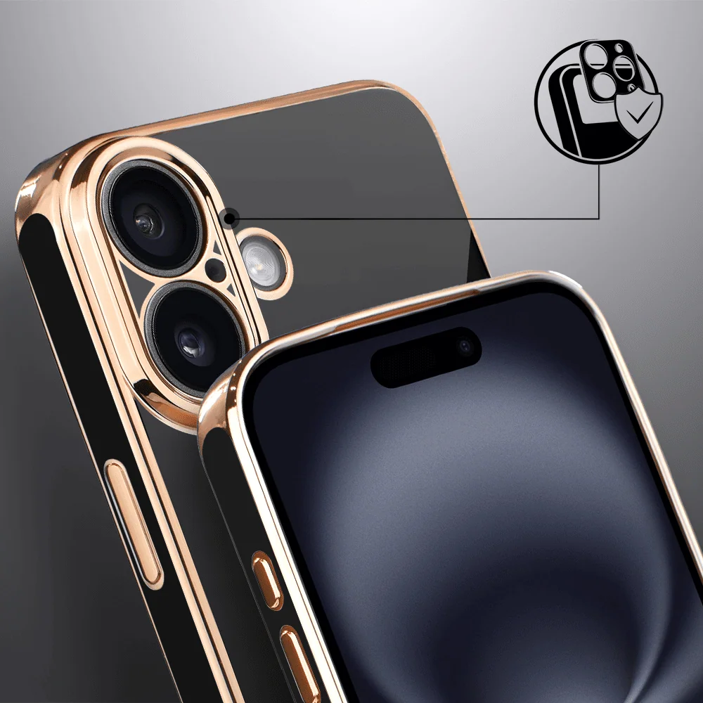 Etui do iPhone 16 eleganckie, ze złotym, metalowym uchwytem i zdobieniami, osłona na aparat, czarne, nowe (5)