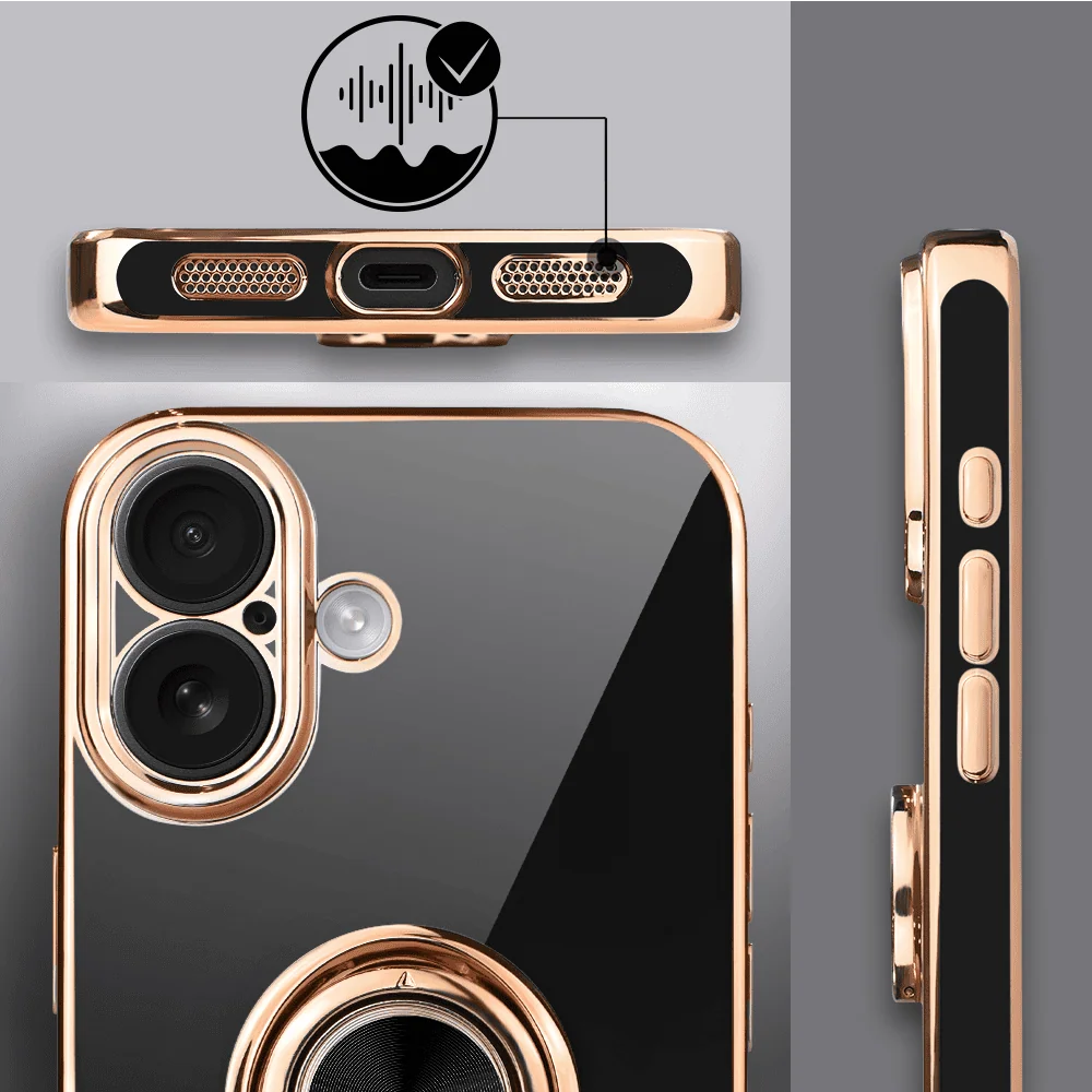 Etui do iPhone 16 eleganckie, ze złotym, metalowym uchwytem i zdobieniami, osłona na aparat, czarne, nowe (7)