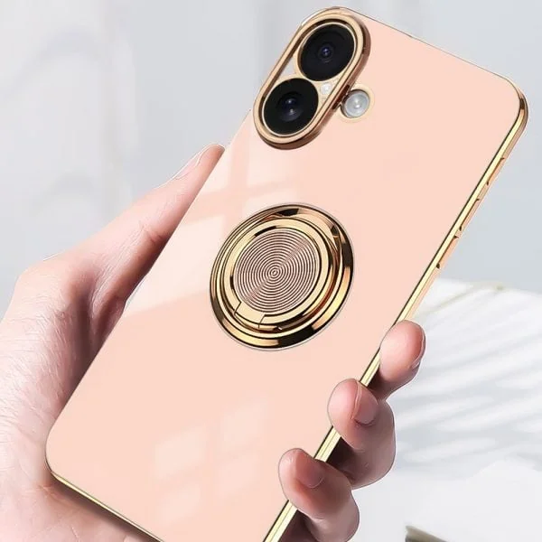 etui do iphone 16 eleganckie, ze złotym, metalowym uchwytem i zdobieniami, złoty róż