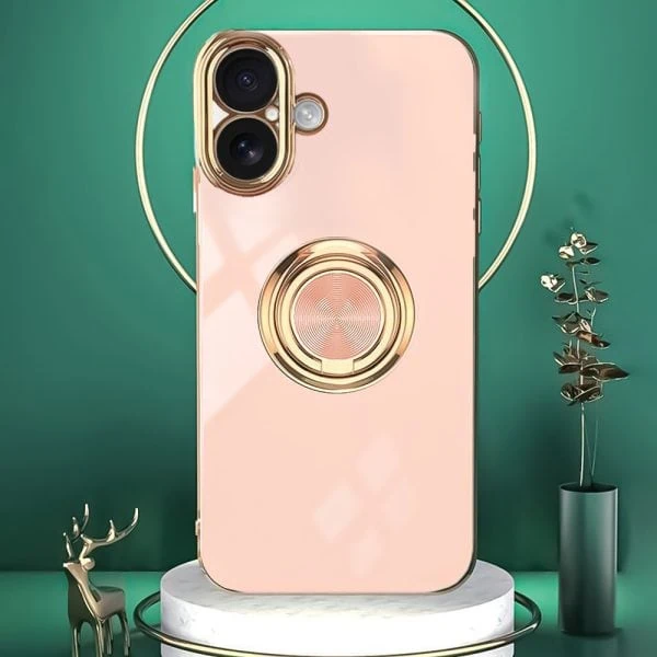 etui do iphone 16 eleganckie, ze złotym, metalowym uchwytem i zdobieniami, złoty róż