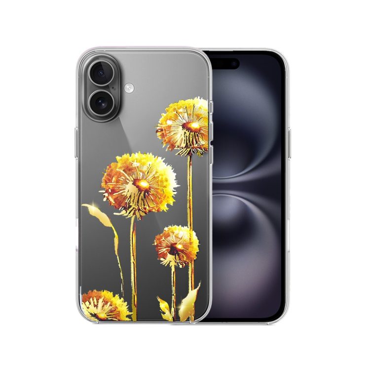etui do iphone 16, przeźroczyste, dmuchawce ze złotym zdobieniem