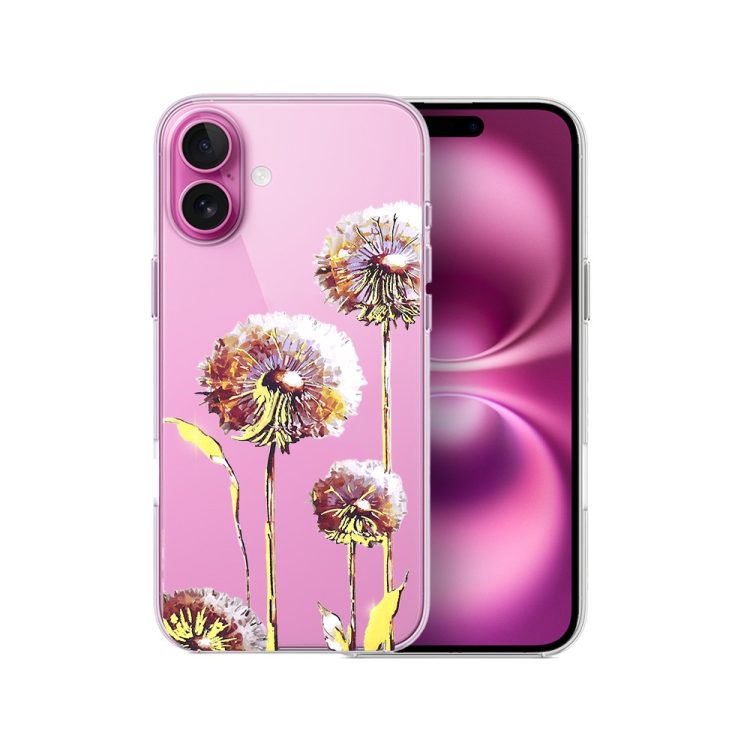 etui do iphone 16, przeźroczyste, fioletowe dmuchawce ze złotym zdobieniem