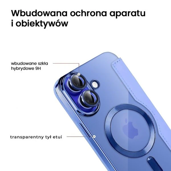 etui do iphone 16 plus typu książka book magsafe lens protect, z klapką, niebieskie