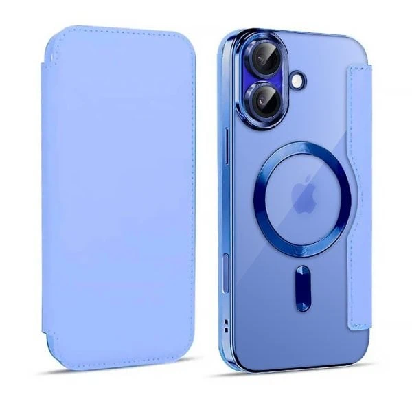 etui do iphone 16 plus typu książka book magsafe lens protect, z klapką, niebieskie