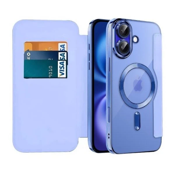 etui do iphone 16 plus typu książka book magsafe lens protect, z klapką, niebieskie