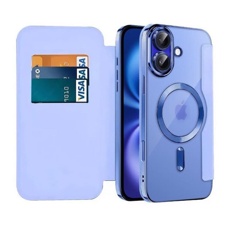 etui do iphone 16 plus typu książka book magsafe lens protect, z klapką, niebieskie