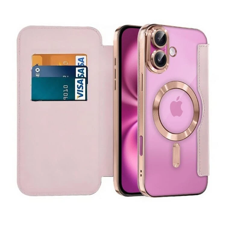 etui do iphone 16 typu książka book magsafe lens protect, z klapką, różowe