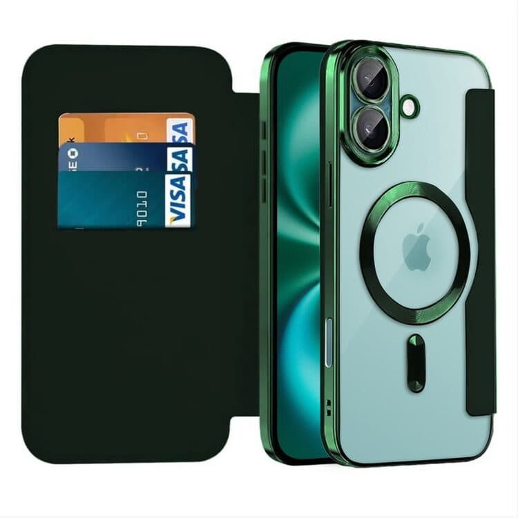 etui do iphone 16 plus typu książka book magsafe lens protect, z klapką, zielone
