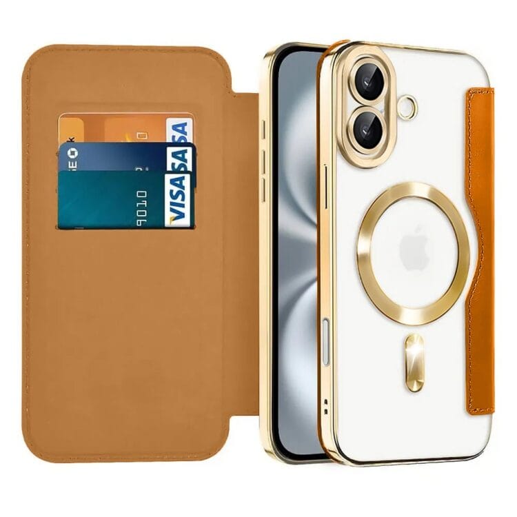 Etui do iPhone 16 typu książka Book Magsafe Lens Protect, z klapką, złote pop (4)