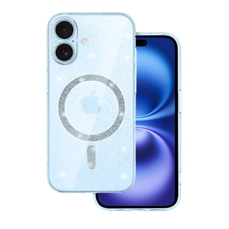 etui do iphone 16 z magsafe, przeźroczyste, błyszczący brokat, niebieskie