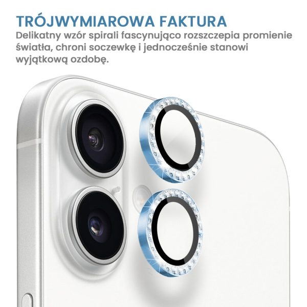 luksusowa diamentowa osłona obiektywów, szkło na aparat iphone 16, niebieska