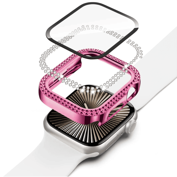 Różowy smartwatch z ozdobnymi cyrkoniami.
