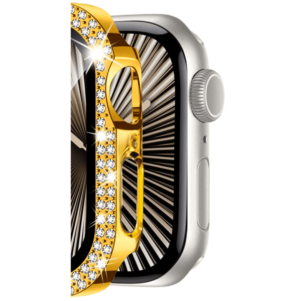 Złoty smartwatch z cyrkoniami.