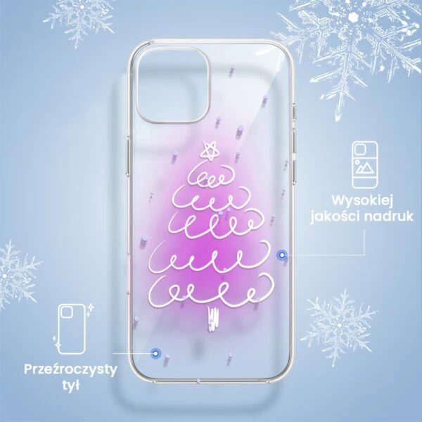 Etui na telefon z grafiką choinki, przezroczyste tło.