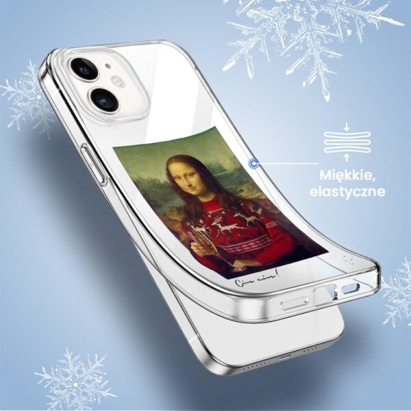 Smartfon z etui Mona Lisa w świątecznym swetrze.